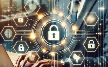 DALL·E 2025-01-29 20.52.44 - A professional-looking cybersecurity concept image showing a Ugandan business environment. A businessperson is working on a laptop with a holographic