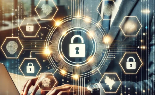 DALL·E 2025-01-29 20.52.44 - A professional-looking cybersecurity concept image showing a Ugandan business environment. A businessperson is working on a laptop with a holographic