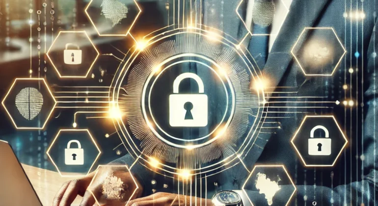 DALL·E 2025-01-29 20.52.44 - A professional-looking cybersecurity concept image showing a Ugandan business environment. A businessperson is working on a laptop with a holographic