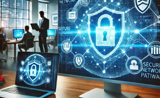 DALL·E 2025-01-29 21.48.55 - A cybersecurity-themed image showing a professional IT technician setting up a firewall on a large digital screen. The screen displays a glowing firew