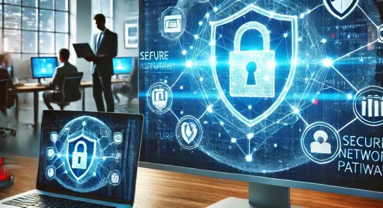 DALL·E 2025-01-29 21.48.55 - A cybersecurity-themed image showing a professional IT technician setting up a firewall on a large digital screen. The screen displays a glowing firew