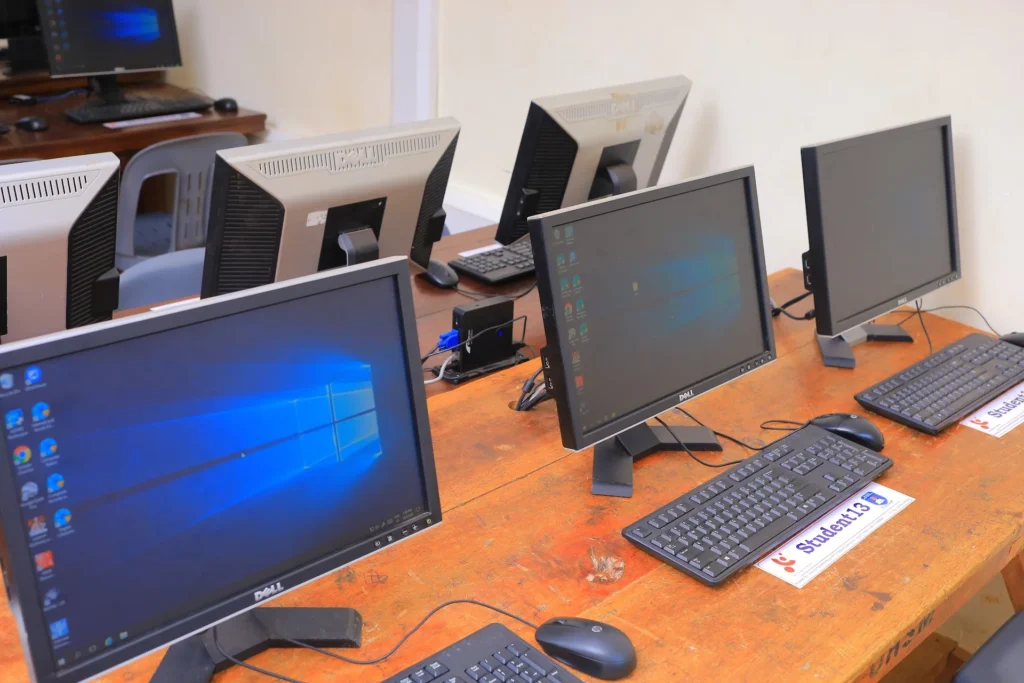 Newly installed school computer lab stations running Windows